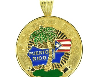 Puerto Rico Island Palm Tree Multicolor Enamel Medal Pendant 14K YG