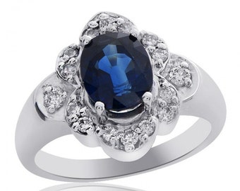 1.90 Carat Blue Sapphire with Diamond Ring 14K White Gold