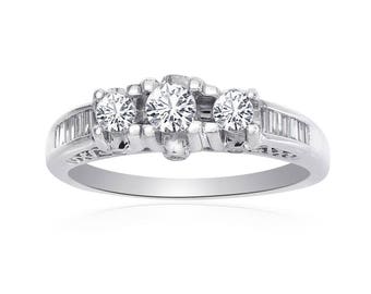 0.45 Carat Diamond Three Stones Engagement Ring 14K White Gold