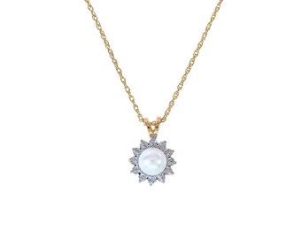 7mm Pearl With Diamond Accent Pendant Necklace 14K Yellow Gold