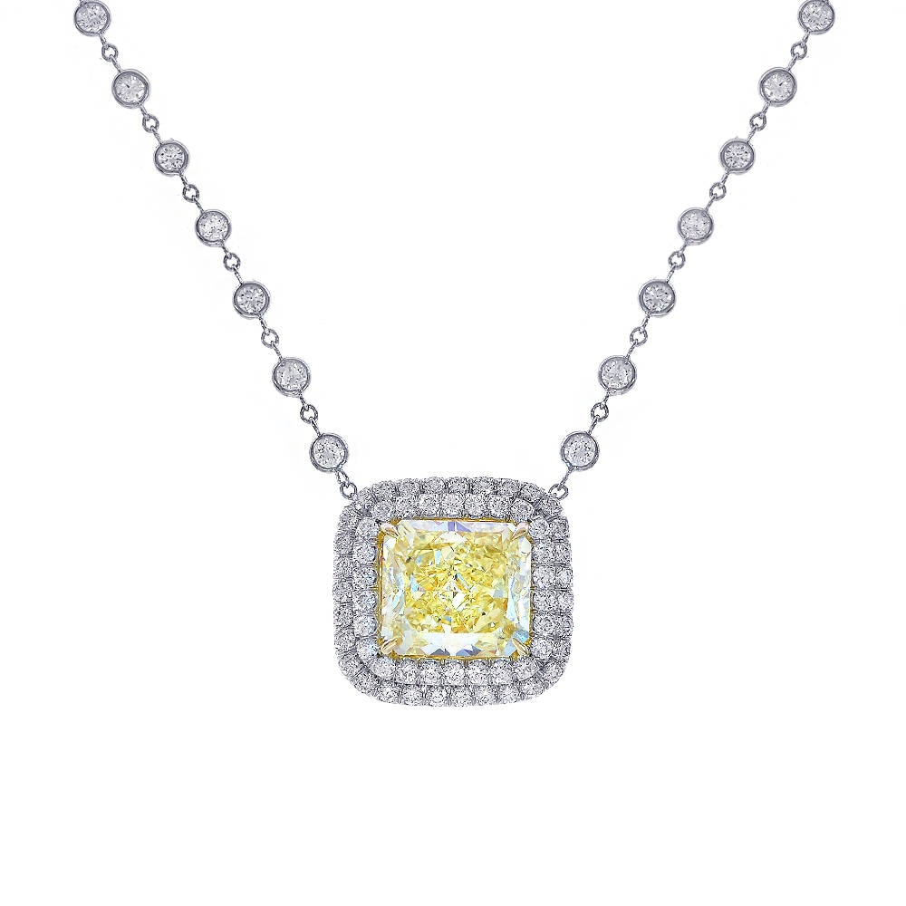 5.82 Karat Fancy Yellow Radiant Cut Diamant Halskette in Platin