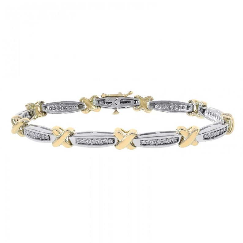 1.00 Carat Diamond X-Shaped Link 14K Two Tone Gold Bracelet image 1