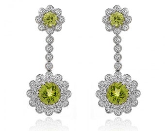 4.99 Carat Round Diamond & Peridot Chandelier Drop Earrings 18K White Gold