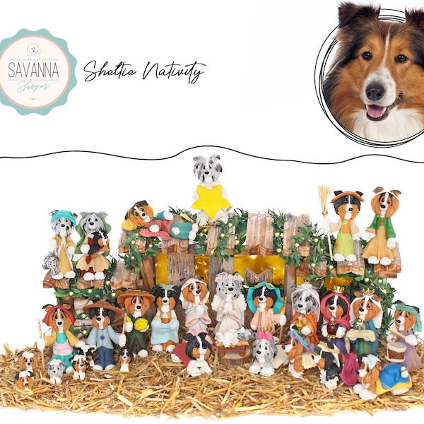 Hond kerststal, Shetland herdershond, Sheltie kerststallen, hondenliefhebber cadeau, kerststallen, Sheltie figuur, aangepaste hond, Sheltie ornament