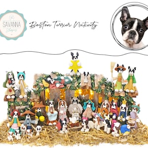 Szopka z psem, Boston Terrier, Zestawy szopkowe, Prezent dla miłośnika psów, Szopka z Boston Terrierem, Figurka Boston Terriera, Ozdoba z Boston Dog, Niestandardowy pies