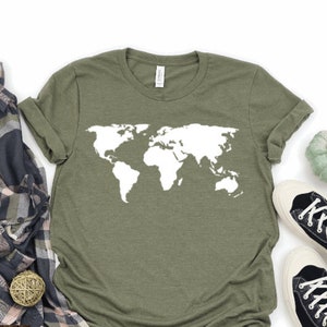 Camisa do mapa mundial, Dia da Terra, camisa de viagem Wanderlust, professor de ESL, camisa de estudante de intercâmbio, férias em família, ecologicamente correta