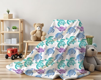 Watercolor Sea Turtles, Velveteen Plush Blanket, Ocean Life, Under the Sea Theme Bedding, Fleece Throw for Kids, Turtle Bedroom Decor
