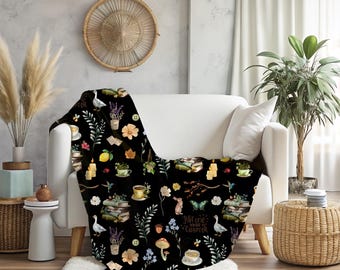 Cottagecore Aesthetic Gift, Book Lover Reading Library Vintage Mushroom Floral Nature, Velveteen Plush Blanket, Soft Cozy Throw For Mom