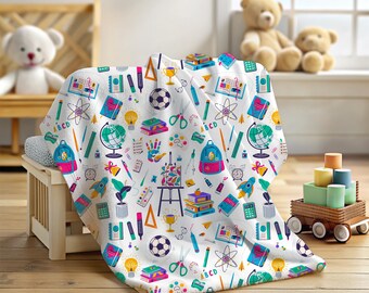 Colorful Back to School Supplies, Velveteen Plush Blanket, Arts and Crafts Decor, Gift for Teacher, Cozy Classroom Gifts, Reading Blanket