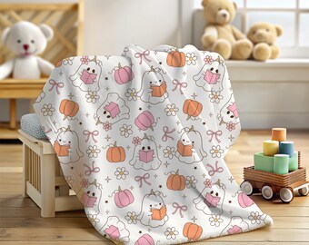 Whimsical Fall Pumpkin Ghost Decor, Velveteen Plush Blanket, Spooky Library Reading Ghosts, Gift for Teacher Librarian, Kids Halloween Decor