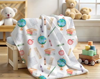 Watercolor School Supplies Pattern, Velveteen Plush Blanket, Globe, Books, Pencils, Classroom Fleece Throw For Teachers, Back to School