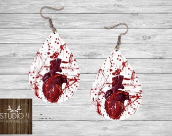 Bloody Heart Dangle Earrings, Halloween Blood Splatter Set, Dark Gothic Fashion Jewelry, Vampire Fan Gift Idea