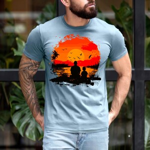 Father and Son Sunset Silhouette Tee, Outdoor Enthusiast Graphic Design, Fathers Day Gift, Family Trip Camping Shirt, Dad and Son Photo Gift