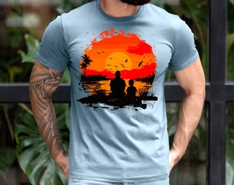 Father and Son Sunset Silhouette Tee, Outdoor Enthusiast Graphic Design, Fathers Day Gift, Family Trip Camping Shirt, Dad and Son Photo Gift
