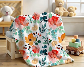 Watercolor Floral Velveteen Plush Blanket, Bright Colorful Aesthetic Nursery Baby Shower, Coral Mint Navy Scheme, Bold Print Decor Throw
