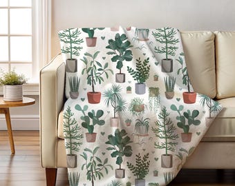 Cozy Botanical Throw, Velveteen Plush Blanket, Potted Plants, Gift for Gardener, Plant Mom, Whimsical Plants Blanket, Gift for Plants Lady