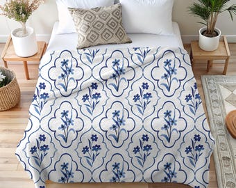 Cottagecore Blue Floral Damask Pattern, Velveteen Plush Blanket, Blue and White Vintage Modern Style Bedding, Cozy Floral Fleece Throw