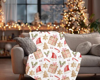 Whisical Holiday Pattern, Velveteen Plush Blanket, Christmas Cookie, Candy Cane, Gingerbread Man Fleece Throw, Watercolor Christmas Bedding