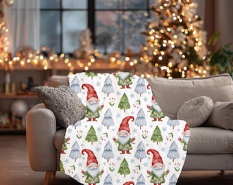 Santa Gnomes Holiday Throw, Velveteen Plush Blanket, Whimsical Christmas Decor, Fleece Santa Blanket