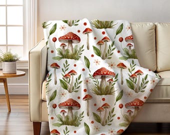 Whimsical Cottagecore Mushroom Decor, Velveteen Plush Blanket, Cozy Earthy Nature Lover Boho Gift, Fall Book Club, Reading, Fairy Garden