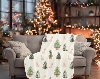 Woodland Rabbits and Pine Trees, Velveteen Plush Blanket, Cozy Forest Holiday Pattern, Whimsical Christmas Bedding, Cottagecore Fleece