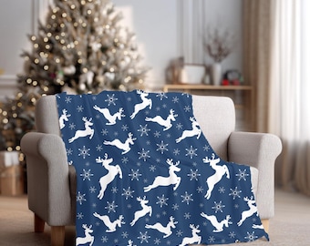 White Reindeer Pattern, Velveteen Plush Blanket, Whimsical Christmas Decor, Navy Bedding, Winter Snowflake Holiday Fleece Throw Blanket
