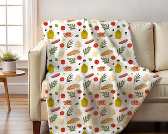Italian Food, Olive Oil, Charcuterie Dinner Party Decor, Velveteen Plush Blanket, Funny House Warming Gift, Food Themed Throw Blanket
