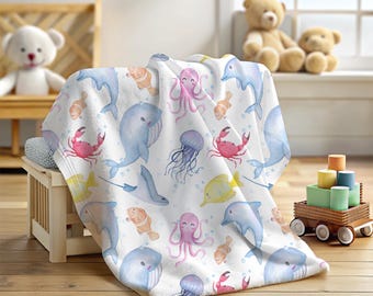 Watercolor Sea Creatures, Velveteen Plush Blanket, Whales, Jellyfish, Crabs, Ocean Life, Under the Sea Theme Bedding, Fleece Throw for Kids