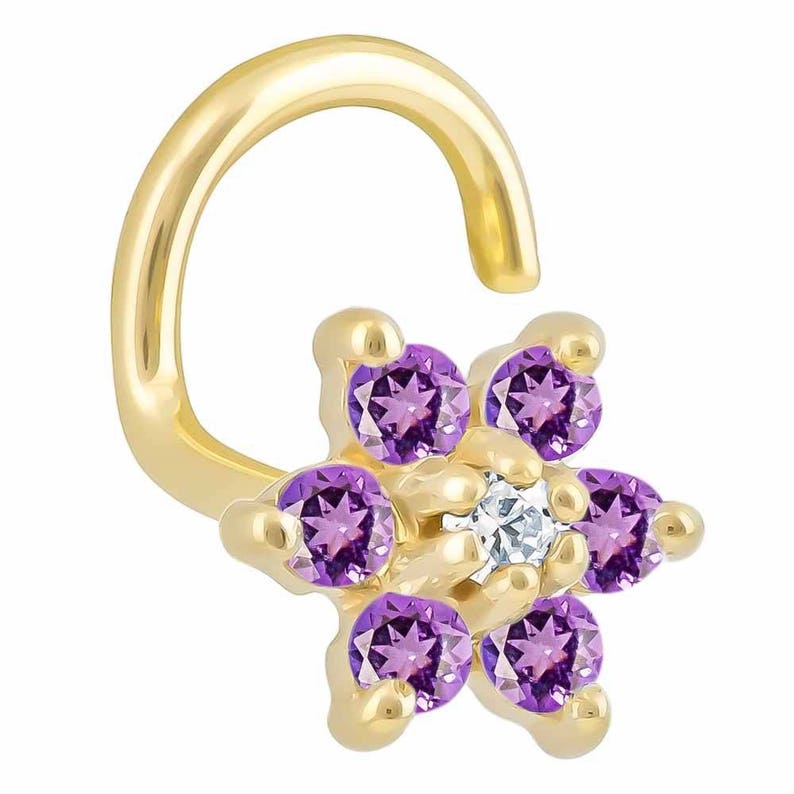 Colorful CZ Flower 14K Yellow Gold Nose Twist Screw