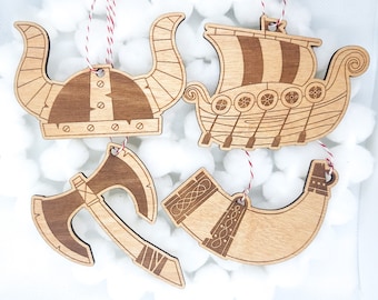 Viking Set of 4 Ornaments | Wooden Tree Ornament | Yule Decoration