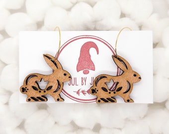 Wooden Rabbit Earrings - Gold Plated Hoop