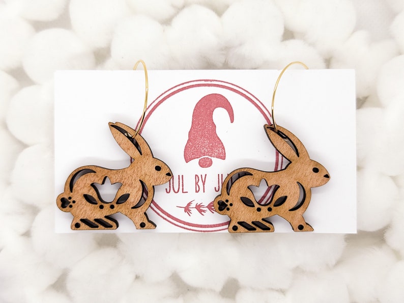 Wooden Rabbit Earrings Gold Plated Hoop image 1