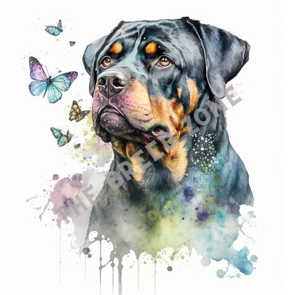 Rottweiler Watercolor Digital Art, Rottweiler Clipart, Dog Wall Art, PNG Image