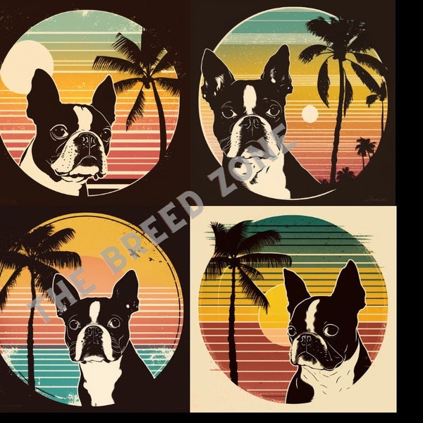 BUNDLE Boston Terrier Retro Digital Art, Boston Terrier Clipart, Dog Wall Art, PNG Image