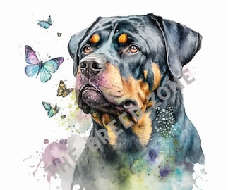 以下が含まれることがあります： 優しい表情をしたロットワイラーの犬の水彩画。犬はカラフルな蝶と水彩のしぶきで囲まれています。