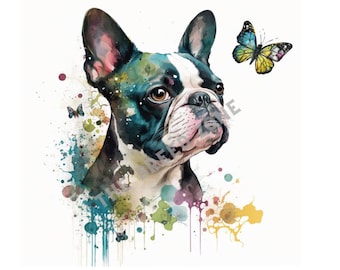 Boston Terrier Watercolor Digital Art, Boston Terrier Clipart, Dog Wall Art, PNG Image