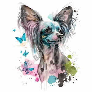 Chinese Crested Watercolor Digital Art, Chinese Crested Clipart, Dog Wall Art, PNG Image