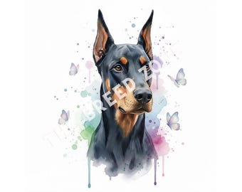 May include: Watercolor portrait of a Doberman Pinscher dog with a black and tan coat, set against a white background with colorful paint splatters and butterflies. The text "THE BREED ZONE" is partially visible.