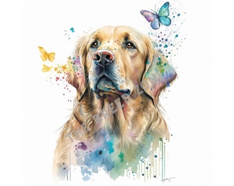 Golden Retriever Watercolor Digital Art, Golden Retriever Clipart, Dog Wall Art, PNG Downloadable Image
