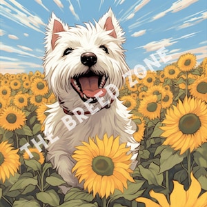 West Highland White Terrier Illustration, West Highland White Terrier Clipart, Westie, Dog Wall Art, PNG Image, Sunflowers