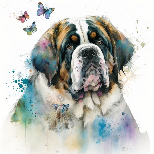 Saint Bernard Watercolor Digital Art, Saint Bernard Clipart, Dog Wall Art