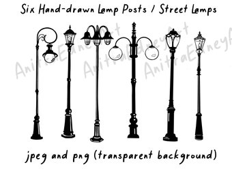 May include: Six black and white hand-drawn illustrations of street lamps. The lamps are in various styles, with some having a single light and others having two lights. The lamps are all on a white background.