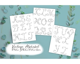 Alfabeto de letras vintage antigo monograma de casamento ornamentado JPEG PNG SVG download instantâneo clipart