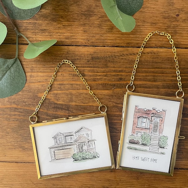 Custom Hand-drawn House Drawing Miniature Gold Silver Frame Christmas Ornament -Home Portrait First Date Wedding Venue Tiny Art