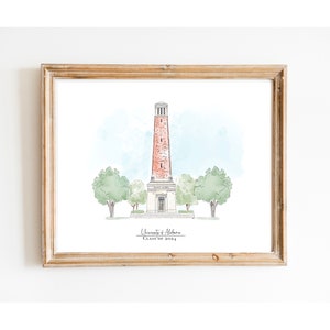 University of Alabama EST & Class of 2024 Wall Art  Crimson Tide Clock Tower Denny Chimes Digital PDF Download graduation Print Watercolor