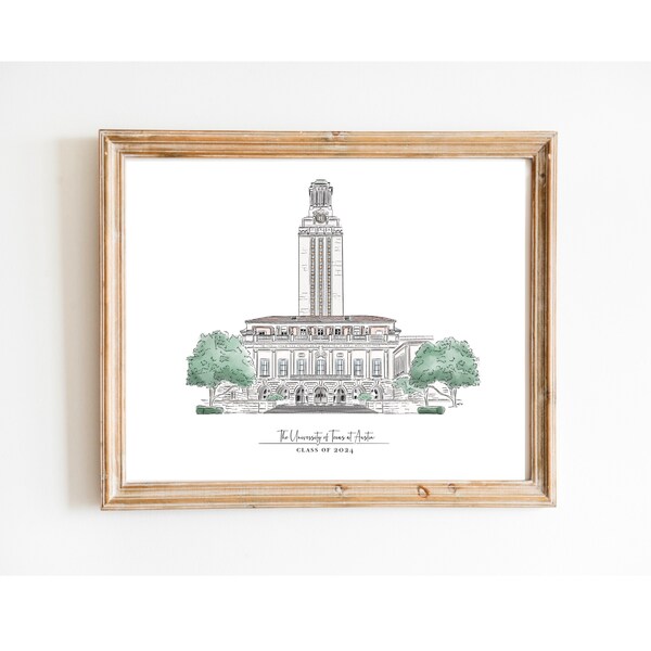 University of Texas Tower EST & Class of 2024 Wall Art Clock Tower Digital PDF Download graduation Print Watercolor Forty Acres