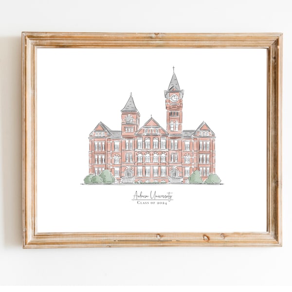 Auburn University Graduation Class of 2024 Established 1856 Download Print 8x10 Present Gift Watercolor Digital Art Samford Hall