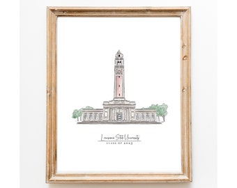 LSU Louisiana University Afstudeerklas van 2023 opgericht in 1853 Download Print 8x10 Present Gift Aquarel Digitale Muur Kunst Memorial Tower