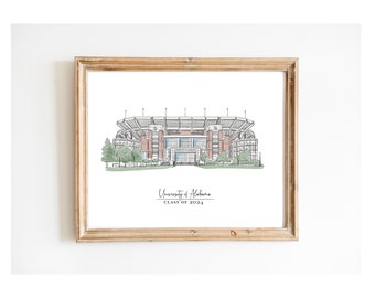 University of Alabama Bryant Denny Stadium Wall Art Crimson Tide Digital PDF Download Class of 2024 graduation Print 8x10  Watercolor