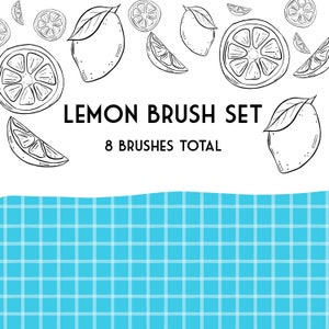 May include: A set of 8 black and white hand-drawn lemon brushes. The brushes include whole lemons, lemon slices, and lemon wedges. The text "LEMON BRUSH SET" and "8 BRUSHES TOTAL" is displayed below the lemons. A blue and white checkered pattern is at the bottom of the image.